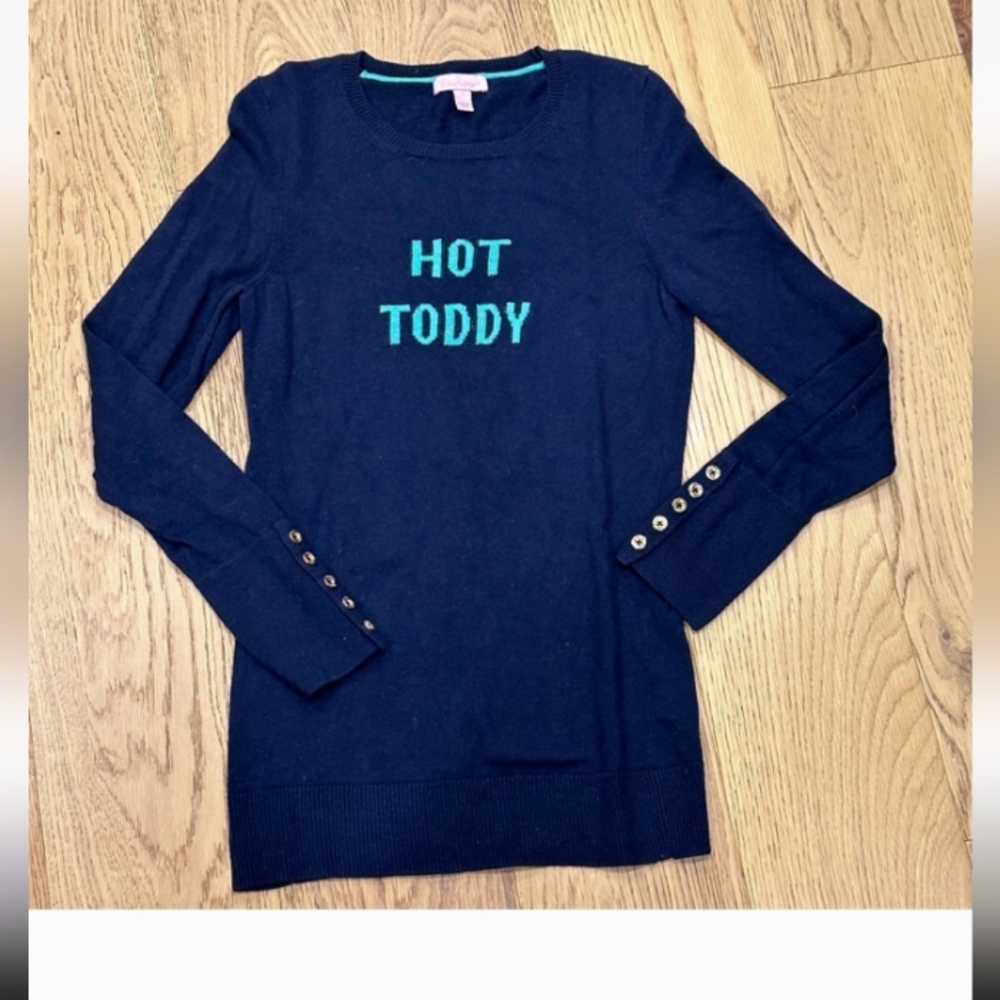 Lilly Pulitzer Sz XS "Hot Toddy" Navy Blue Blend Sweater Gold Sleeve Buttons